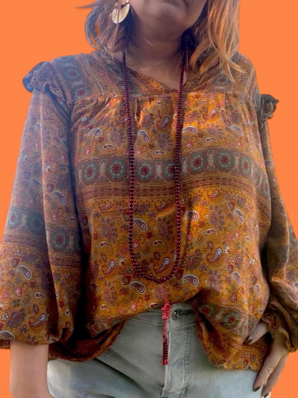 Wonderly Mustard Paisley Peasant Blouse